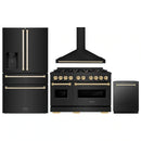 ZLINE 4-Piece Appliance Package - 48-Inch Dual Fuel Range, Hood, Refrigerator with Water Dispenser, and Dishwasher in Black Stainless Steel with Gold Accents