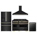 ZLINE 4-Piece Appliance Package - 48-Inch Dual Fuel Range, Hood, Refrigerator with Water Dispenser, and Dishwasher in Black Stainless Steel with Gold Accents