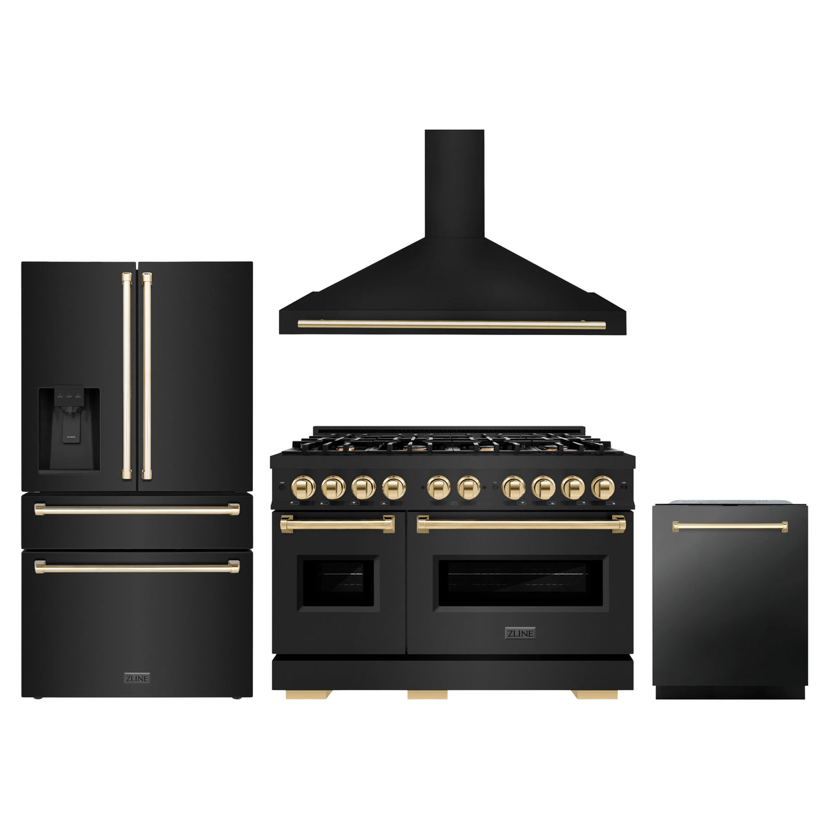 ZLINE 4-Piece Appliance Package - 48-Inch Dual Fuel Range, Hood, Refrigerator with Water Dispenser, and Dishwasher in Black Stainless Steel with Gold Accents