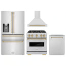 ZLINE 4-Piece Appliance Package - 30-Inch Dual Fuel Range, Hood, Refrigerator with Water Dispenser, and Dishwasher in Stainless Steel with Champagne Bronze Accents