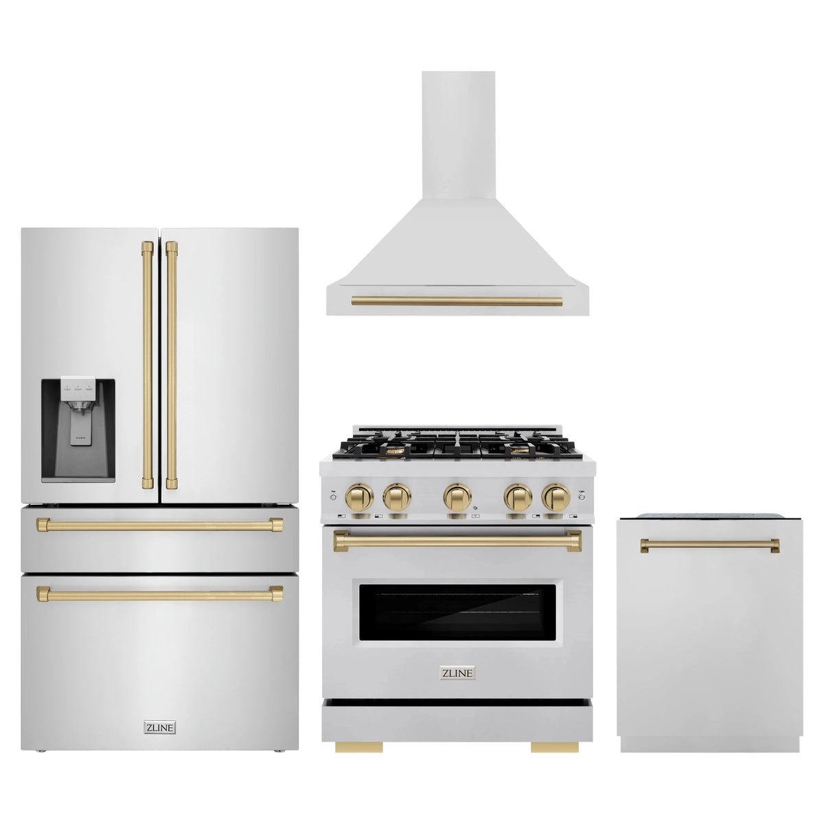 ZLINE 4-Piece Appliance Package - 30-Inch Dual Fuel Range, Hood, Refrigerator with Water Dispenser, and Dishwasher in Stainless Steel with Champagne Bronze Accents