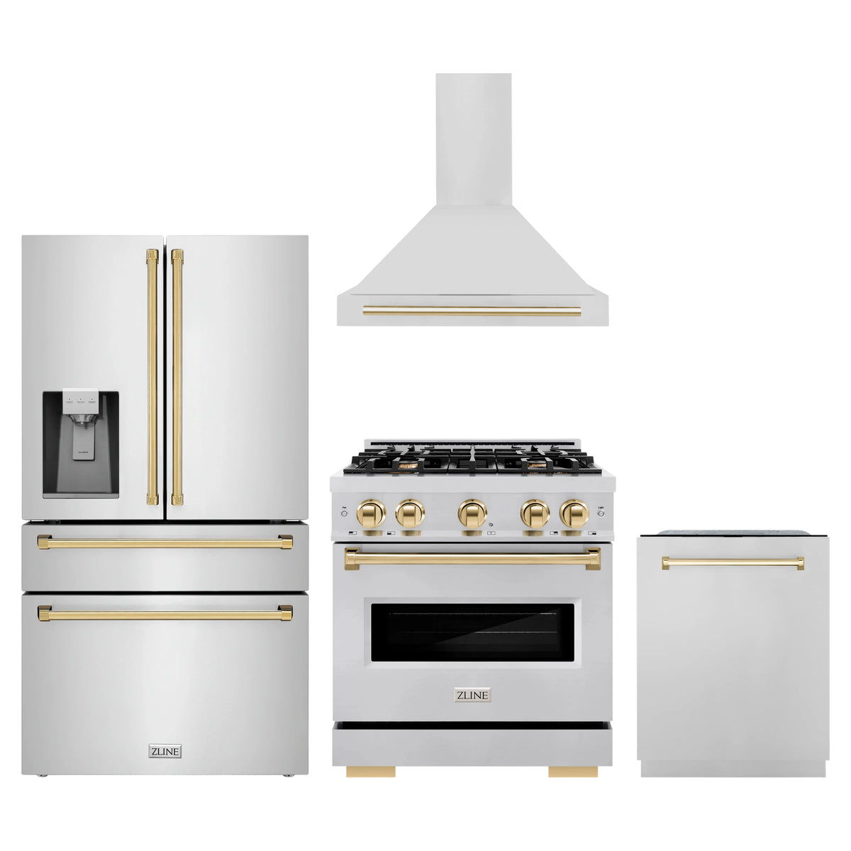 ZLINE 4-Piece Appliance Package - 30-Inch Dual Fuel Range, Hood, Refrigerator with Water Dispenser, and Dishwasher in Stainless Steel with Gold Accents
