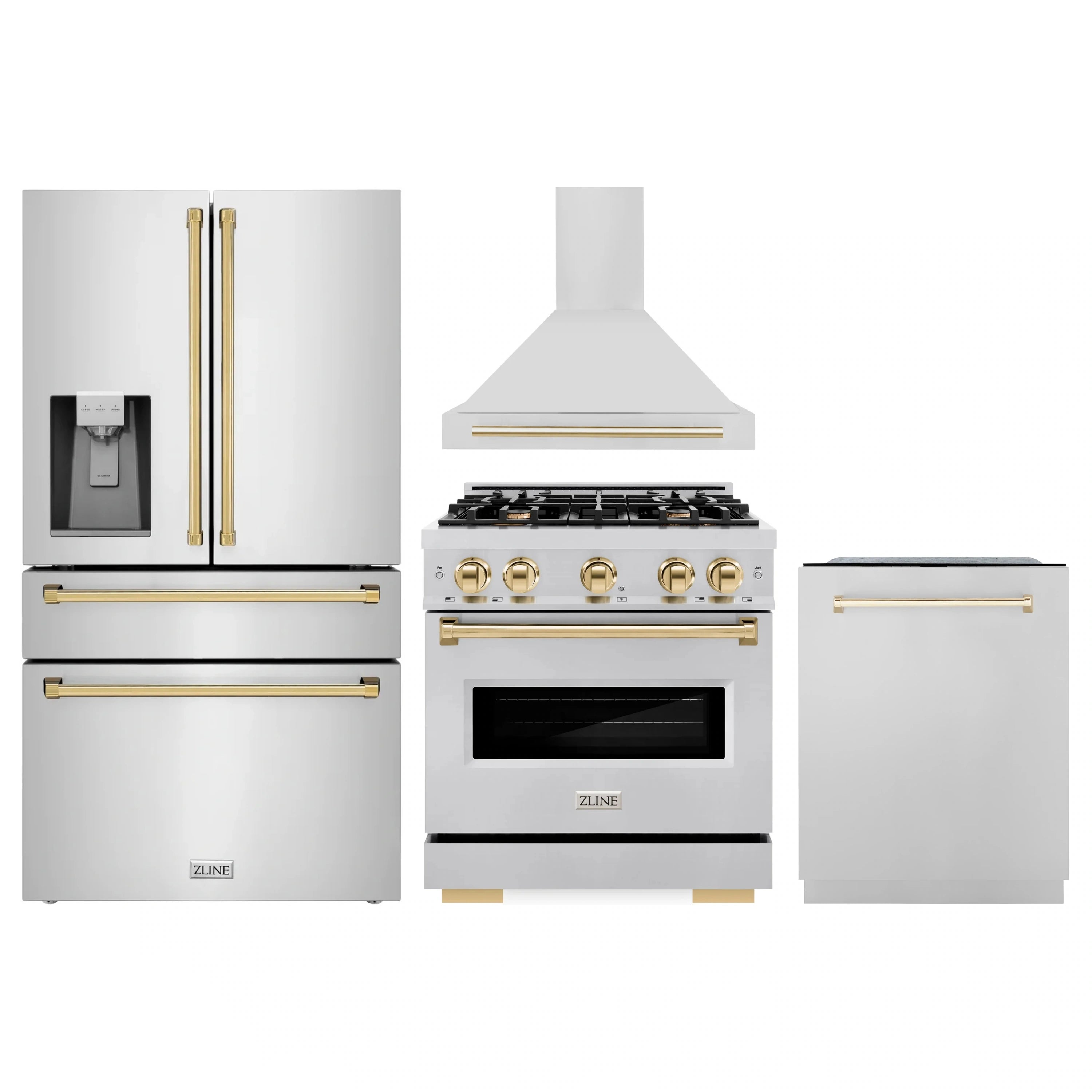 Stainless steel kitchen appliance package with gold-accent range, refrigerator, and dishwasher