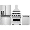 ZLINE 4-Piece Appliance Package - 30-Inch Dual Fuel Range, Hood, Refrigerator with Water Dispenser, and Dishwasher in Stainless Steel with Matte Black Accents