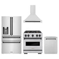 ZLINE 4-Piece Appliance Package - 30-Inch Dual Fuel Range, Hood, Refrigerator with Water Dispenser, and Dishwasher in Stainless Steel with Matte Black Accents