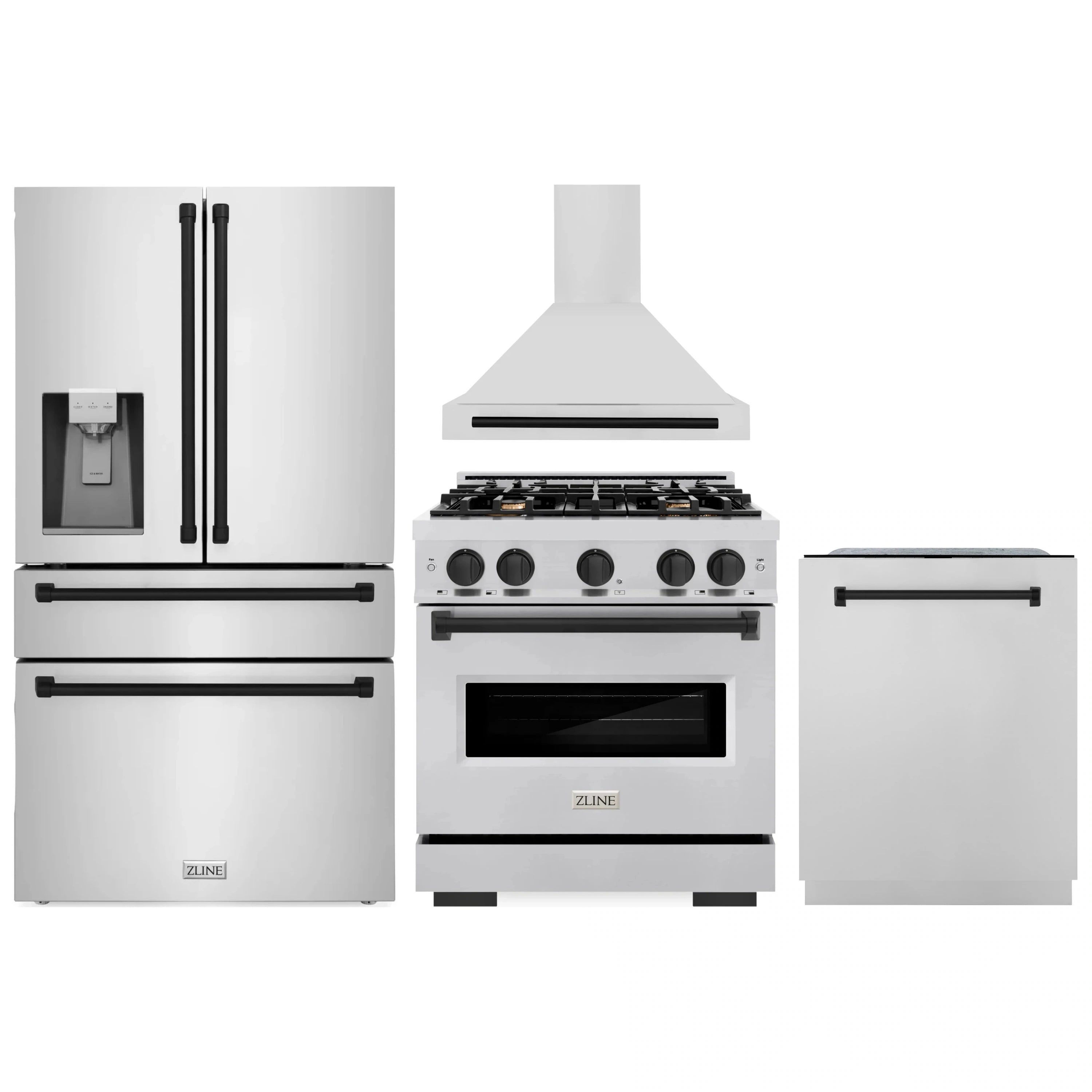 Stainless steel appliance package with ZLINE refrigerator, range, hood, and dishwasher