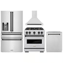 ZLINE 4-Piece Appliance Package - 30-Inch Dual Fuel Range, Hood, Refrigerator with Water Dispenser, and Dishwasher in Stainless Steel with Matte Black Accents