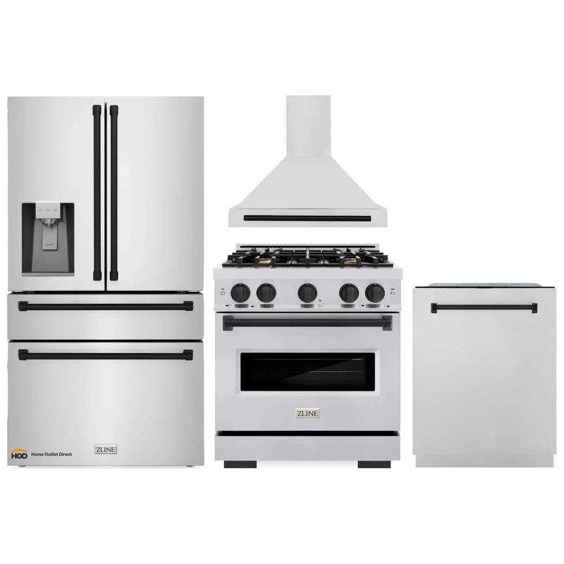 ZLINE 4-Piece Appliance Package - 30-Inch Dual Fuel Range, Hood, Refrigerator with Water Dispenser, and Dishwasher in Stainless Steel with Matte Black Accents