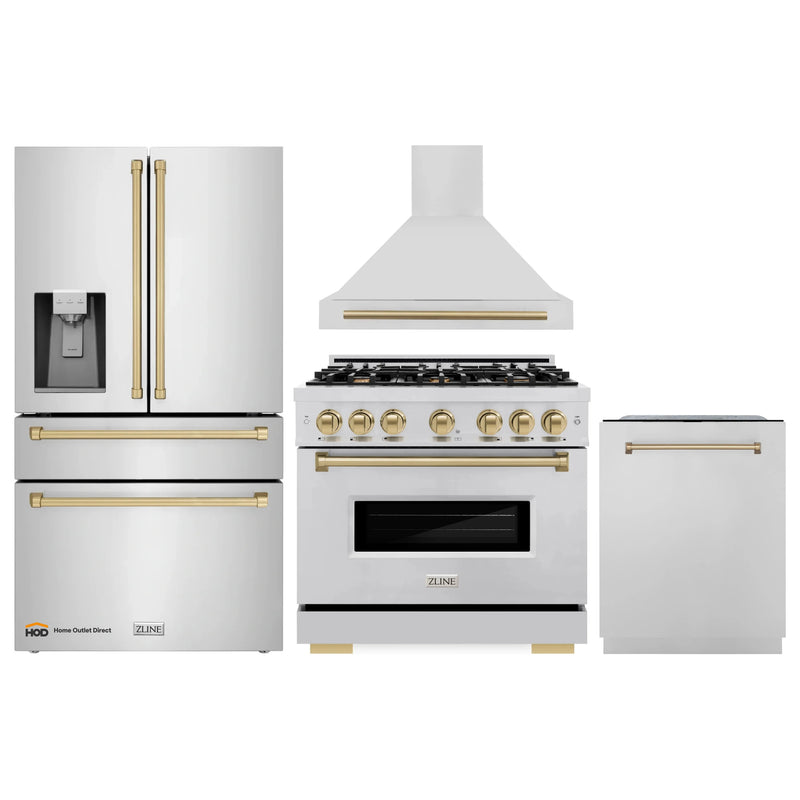 ZLINE 4-Piece Appliance Package - 36-Inch Dual Fuel Range, Hood, Refrigerator with Water Dispenser, and Dishwasher in Stainless Steel with Champagne Bronze Accents