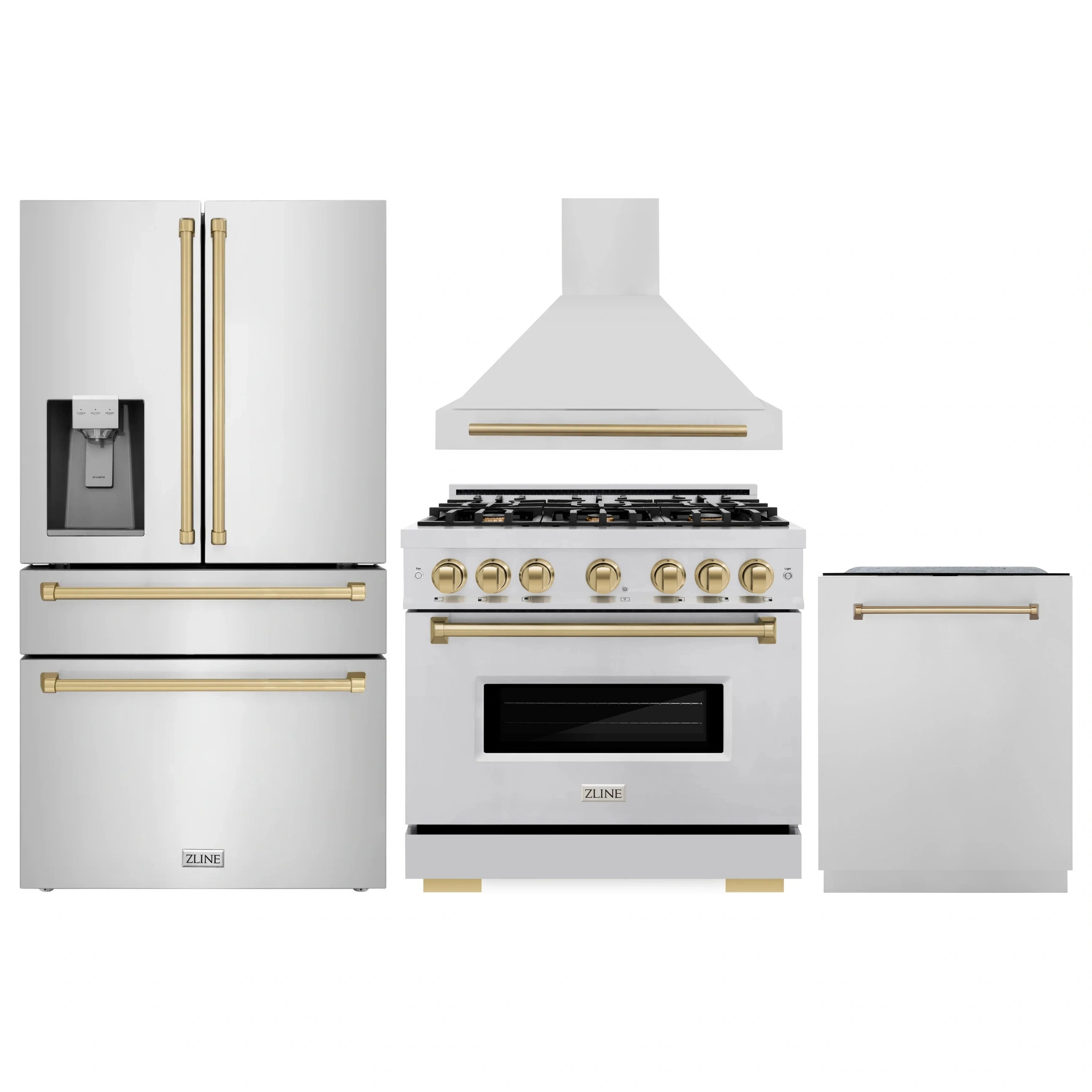 Stainless steel kitchen appliance package with bronze accents: range, hood, fridge, dishwasher
