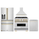 ZLINE 4-Piece Appliance Package - 36-Inch Dual Fuel Range, Hood, Refrigerator with Water Dispenser, and Dishwasher in Stainless Steel with Gold Accents