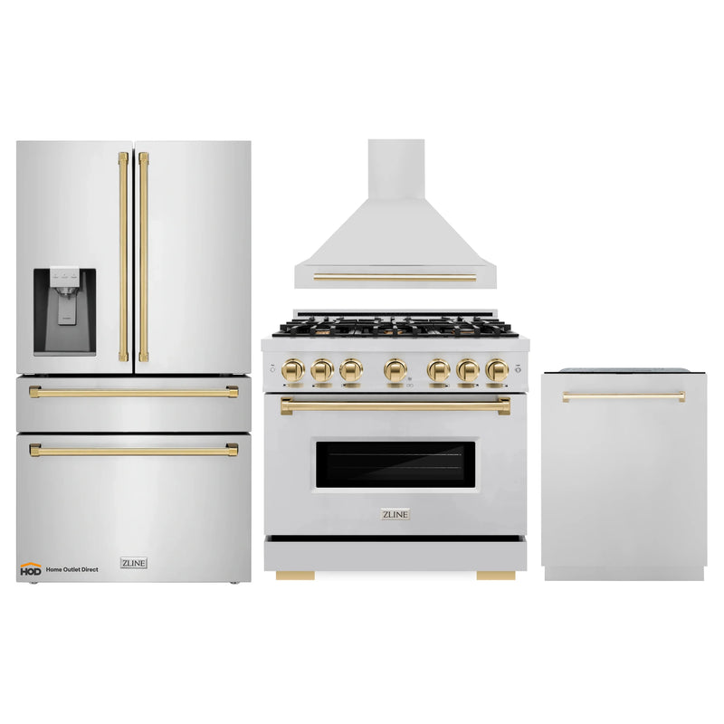 ZLINE 4-Piece Appliance Package - 36-Inch Dual Fuel Range, Hood, Refrigerator with Water Dispenser, and Dishwasher in Stainless Steel with Gold Accents