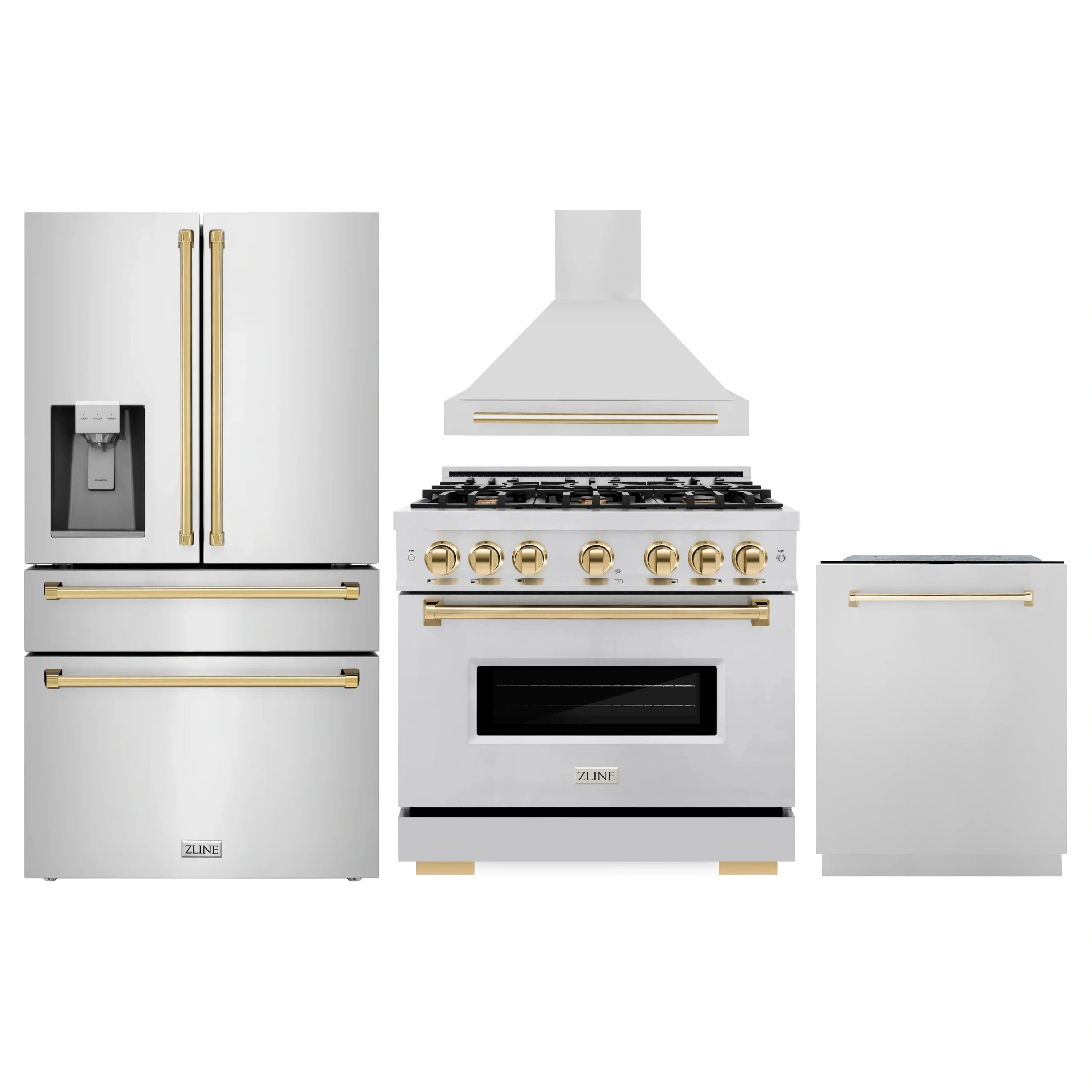 Stainless steel kitchen appliance set with range, hood, refrigerator, and dishwasher