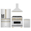 ZLINE 4-Piece Appliance Package - 36-Inch Dual Fuel Range, Hood, Refrigerator with Water Dispenser, and Dishwasher in Stainless Steel with Gold Accents