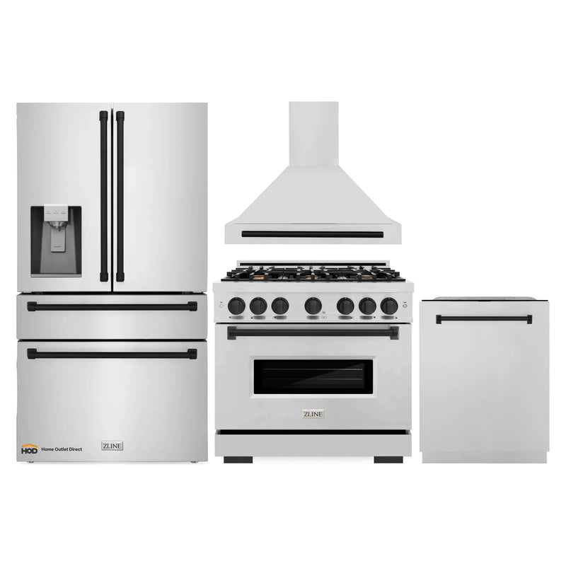 ZLINE 4-Piece Appliance Package - 36-Inch Dual Fuel Range, Hood, Refrigerator with Water Dispenser, and Dishwasher in Stainless Steel with Matte Black Accents
