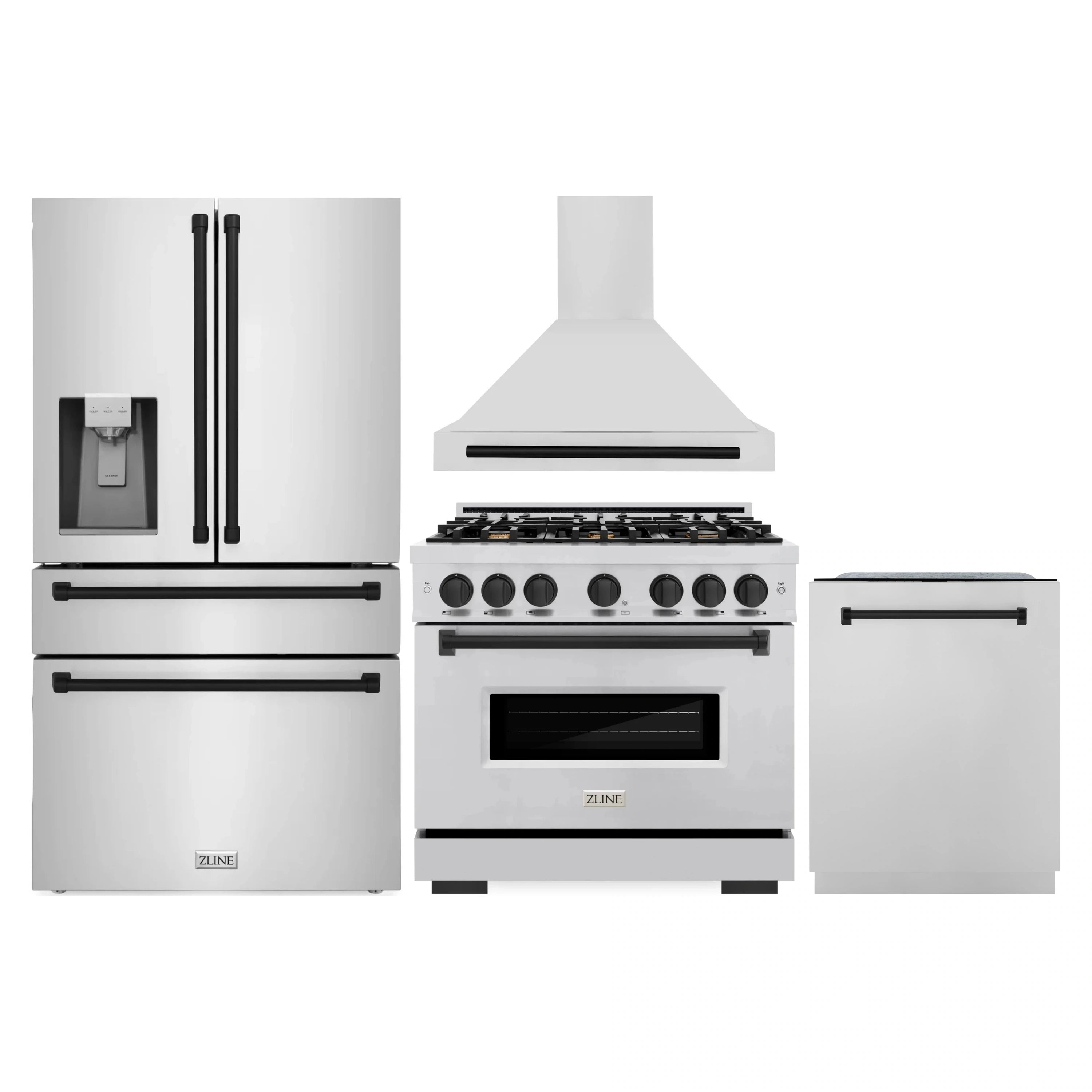 Stainless steel kitchen appliance package with refrigerator, range, hood, and dishwasher