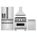 ZLINE 4-Piece Appliance Package - 36-Inch Dual Fuel Range, Hood, Refrigerator with Water Dispenser, and Dishwasher in Stainless Steel with Matte Black Accents