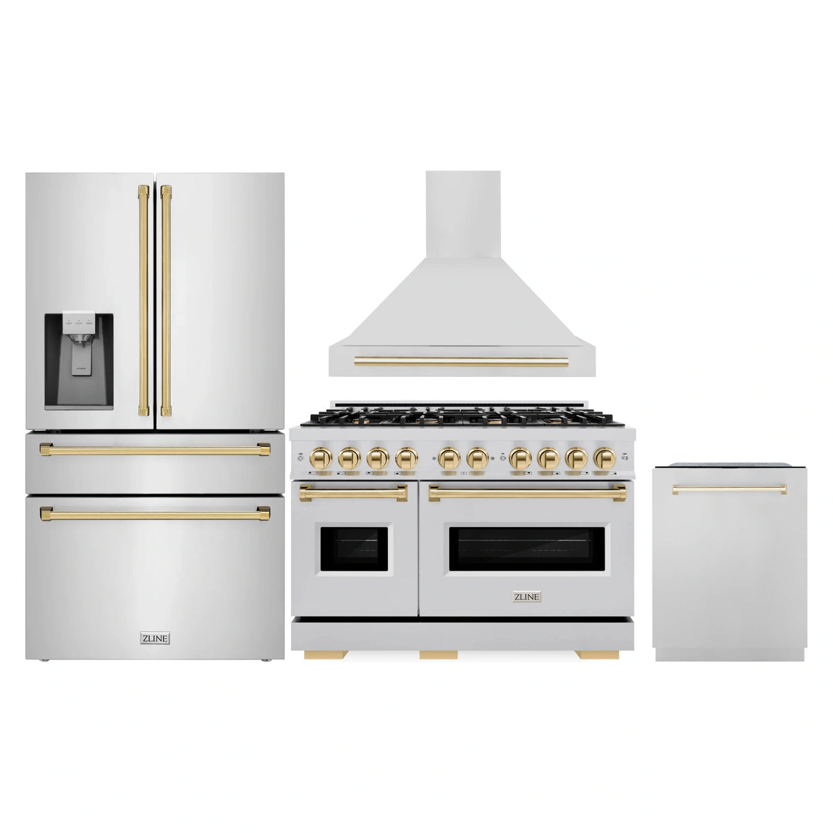 Stainless appliance package with gold accents: dual fuel range, hood, fridge, dishwasher