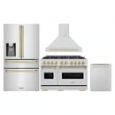 ZLINE 4-Piece Appliance Package - 48-Inch Dual Fuel Range, Hood, Refrigerator with Water Dispenser, and Dishwasher in Stainless Steel with Gold Accents