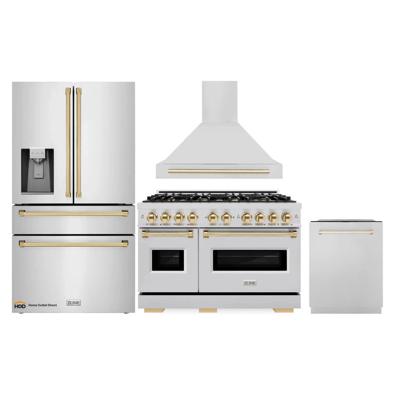 ZLINE 4-Piece Appliance Package - 48-Inch Dual Fuel Range, Hood, Refrigerator with Water Dispenser, and Dishwasher in Stainless Steel with Gold Accents