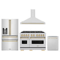 ZLINE 4-Piece Appliance Package - 48-Inch Dual Fuel Range, Hood, Refrigerator with Water Dispenser, and Dishwasher in Stainless Steel with Gold Accents