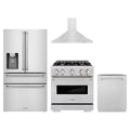 ZLINE 4-Piece Appliance Package - 30-Inch Gas Range, Hood, Refrigerator with Water Dispenser, and Dishwasher in Stainless Steel