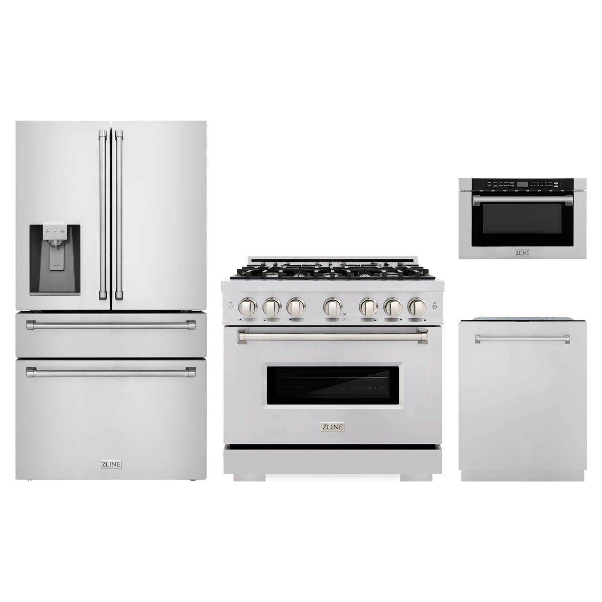 ZLINE 4-Piece Appliance Package - 36-Inch Classic Gas Range, Refrigerator with Water Dispenser, Dishwasher, and 24-Inch Microwave Drawer in Stainless Steel