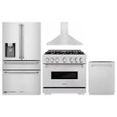 ZLINE 4-Piece Appliance Package - 36-Inch Gas Range, Hood, Refrigerator with Water Dispenser, and Dishwasher in Stainless Steel