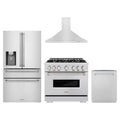ZLINE 4-Piece Appliance Package - 36-Inch Gas Range, Hood, Refrigerator with Water Dispenser, and Dishwasher in Stainless Steel