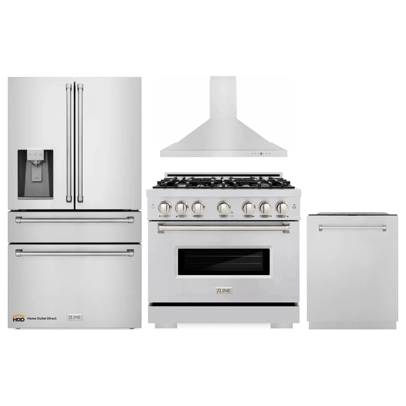 ZLINE 4-Piece Appliance Package - 36-Inch Gas Range, Hood, Refrigerator with Water Dispenser, and Dishwasher in Stainless Steel