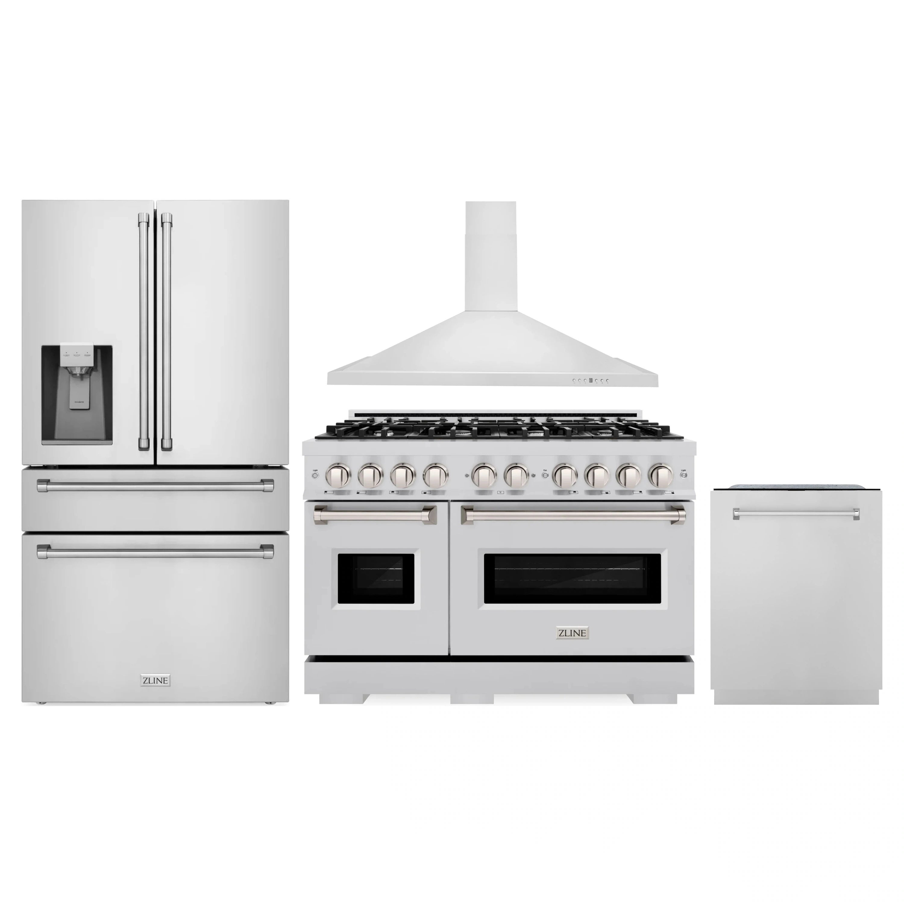Stainless steel kitchen appliance package: refrigerator, gas range with hood, dishwasher