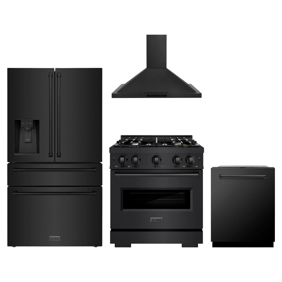ZLINE 4-Piece Appliance Package - 30-Inch Gas Range, Hood, Refrigerator with Water Dispenser, and Dishwasher in Black Stainless Steel