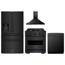 ZLINE 4-Piece Appliance Package - 30-Inch Gas Range, Hood, Refrigerator with Water Dispenser, and Dishwasher in Black Stainless Steel