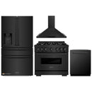ZLINE 4-Piece Appliance Package - 36-Inch Gas Range, Hood, Refrigerator with Water Dispenser, and Dishwasher in Black Stainless Steel