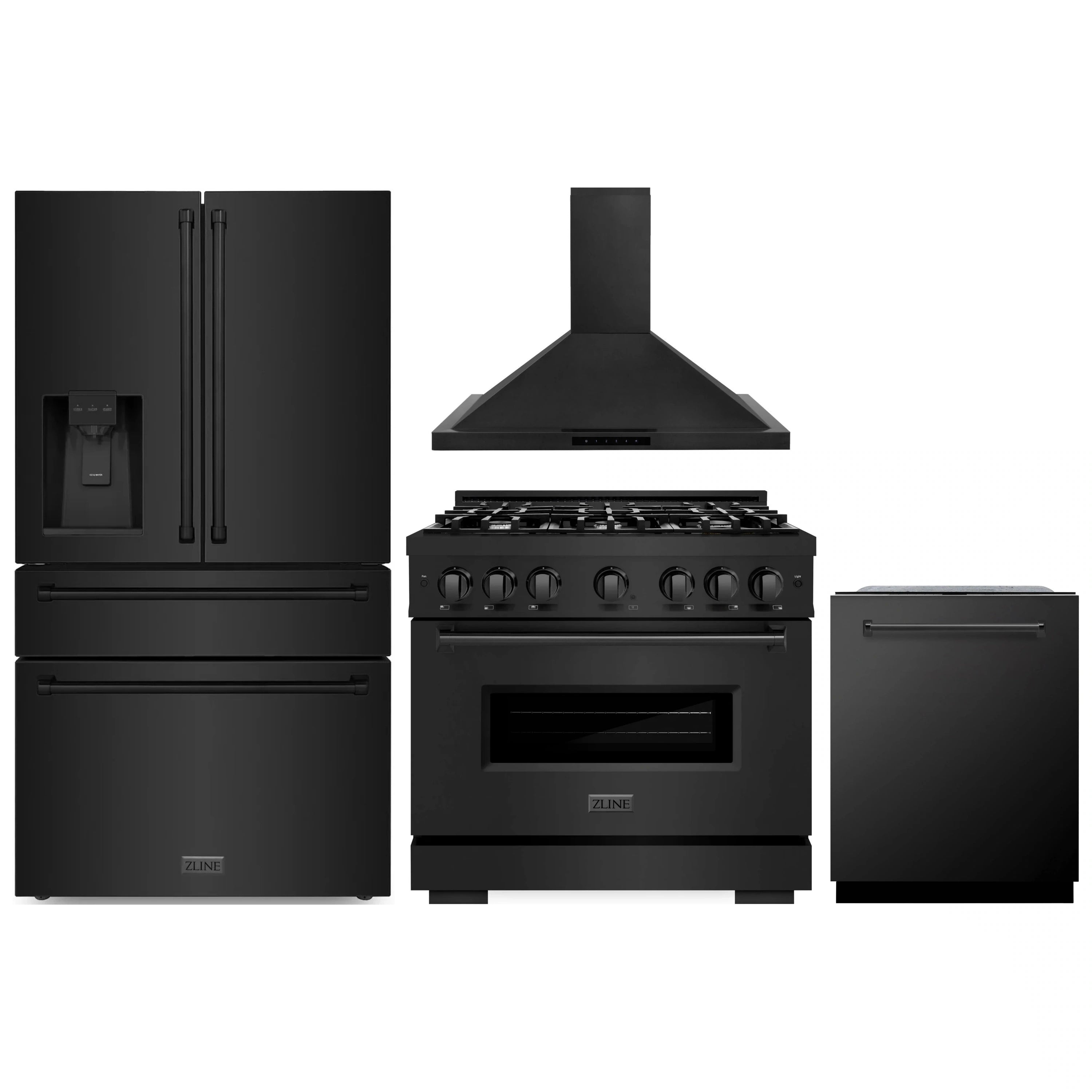 Black stainless appliance set with refrigerator, gas range, hood, and dishwasher