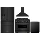 ZLINE 4-Piece Appliance Package - 36-Inch Gas Range, Hood, Refrigerator with Water Dispenser, and Dishwasher in Black Stainless Steel