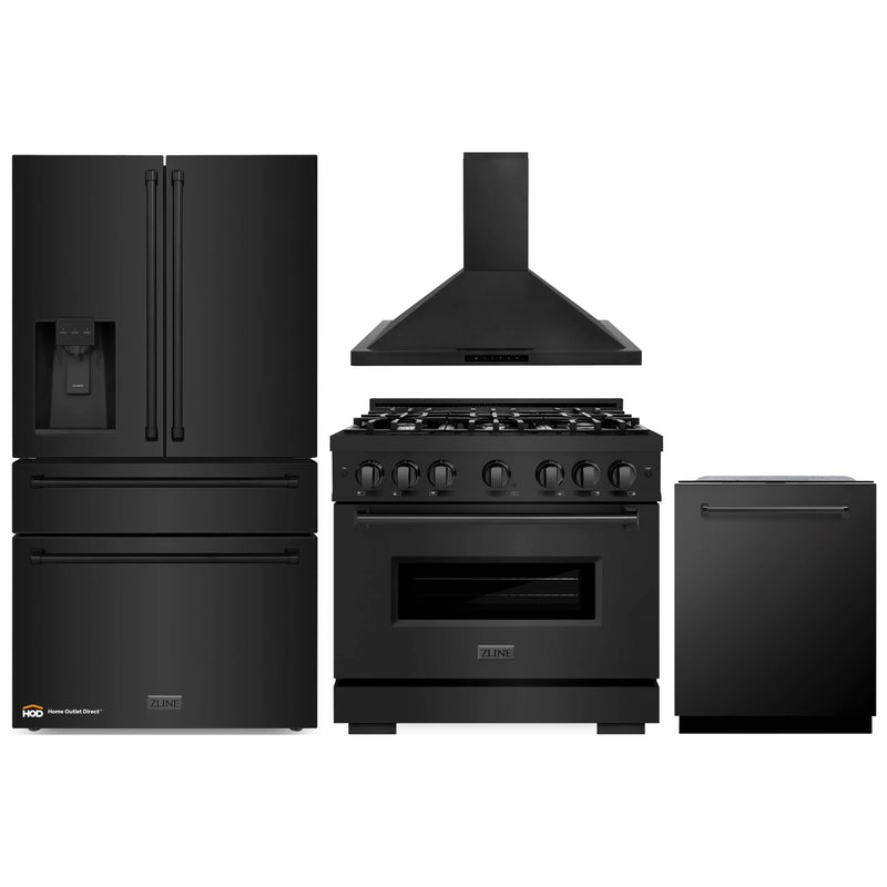 ZLINE 4-Piece Appliance Package - 36-Inch Gas Range, Hood, Refrigerator with Water Dispenser, and Dishwasher in Black Stainless Steel