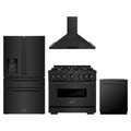 ZLINE 4-Piece Appliance Package - 36-Inch Gas Range, Hood, Refrigerator with Water Dispenser, and Dishwasher in Black Stainless Steel