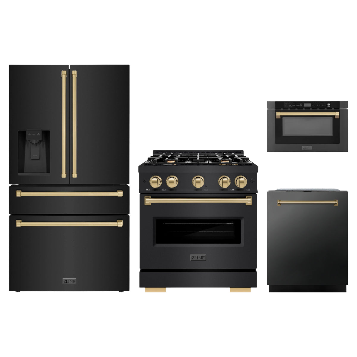 ZLINE 4-Piece Appliance Package - 30-Inch Classic Gas Range, Refrigerator with Water Dispenser, Dishwasher, and 24-Inch Microwave Drawer in Black Stainless Steel with Champagne Bronze Accents