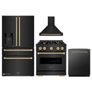 ZLINE 4-Piece Appliance Package - 30-Inch Gas Range, Hood, Refrigerator with Water Dispenser, and Dishwasher in Black Stainless Steel with Champagne Bronze Accents