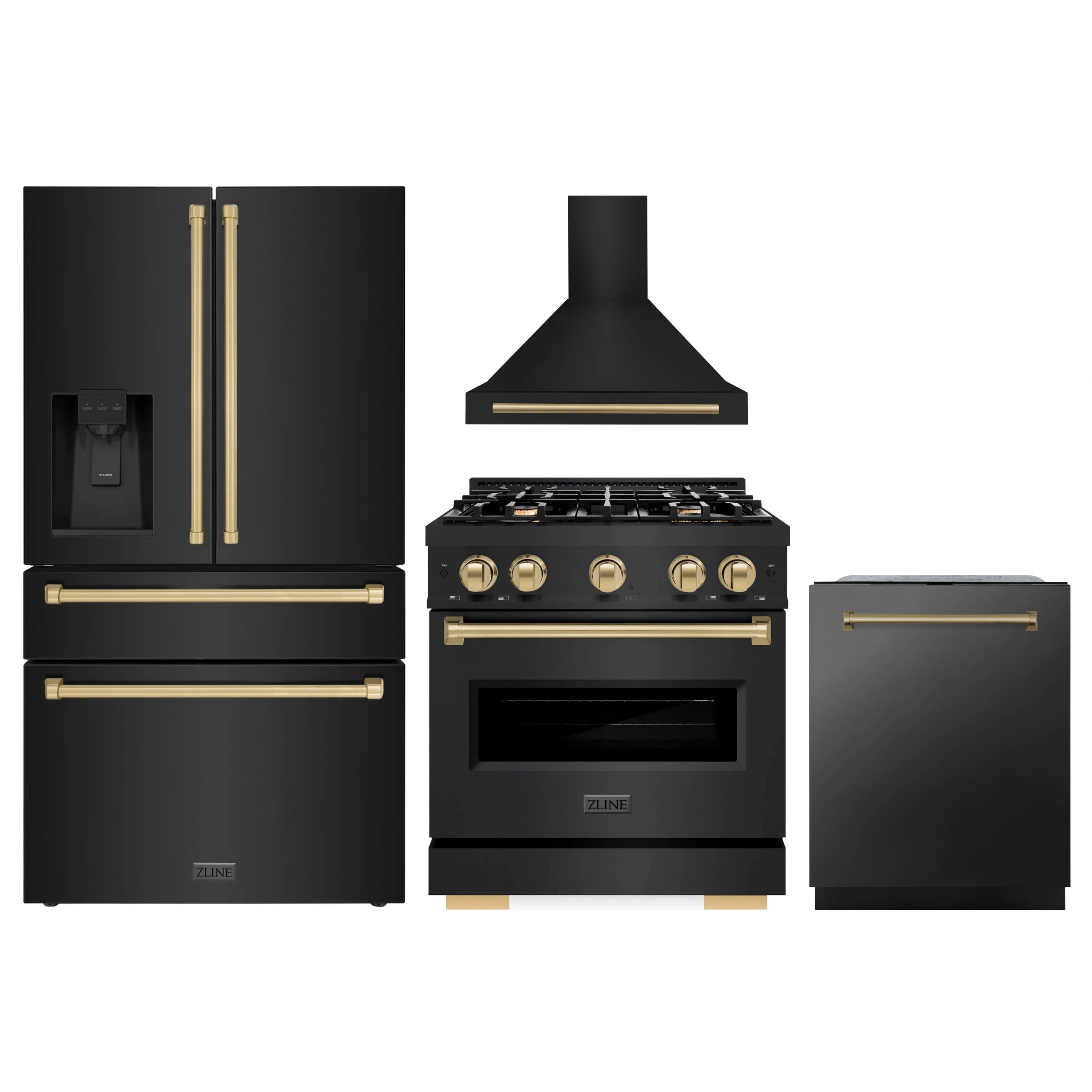 4-piece kitchen appliance set with black stainless gas range, hood, refrigerator, and dishwasher