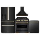 ZLINE 4-Piece Appliance Package - 30-Inch Gas Range, Hood, Refrigerator with Water Dispenser, and Dishwasher in Black Stainless Steel with Gold Accents