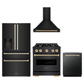 ZLINE 4-Piece Appliance Package - 30-Inch Gas Range, Hood, Refrigerator with Water Dispenser, and Dishwasher in Black Stainless Steel with Gold Accents