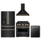 ZLINE 4-Piece Appliance Package - 30-Inch Gas Range, Hood, Refrigerator with Water Dispenser, and Dishwasher in Black Stainless Steel with Gold Accents