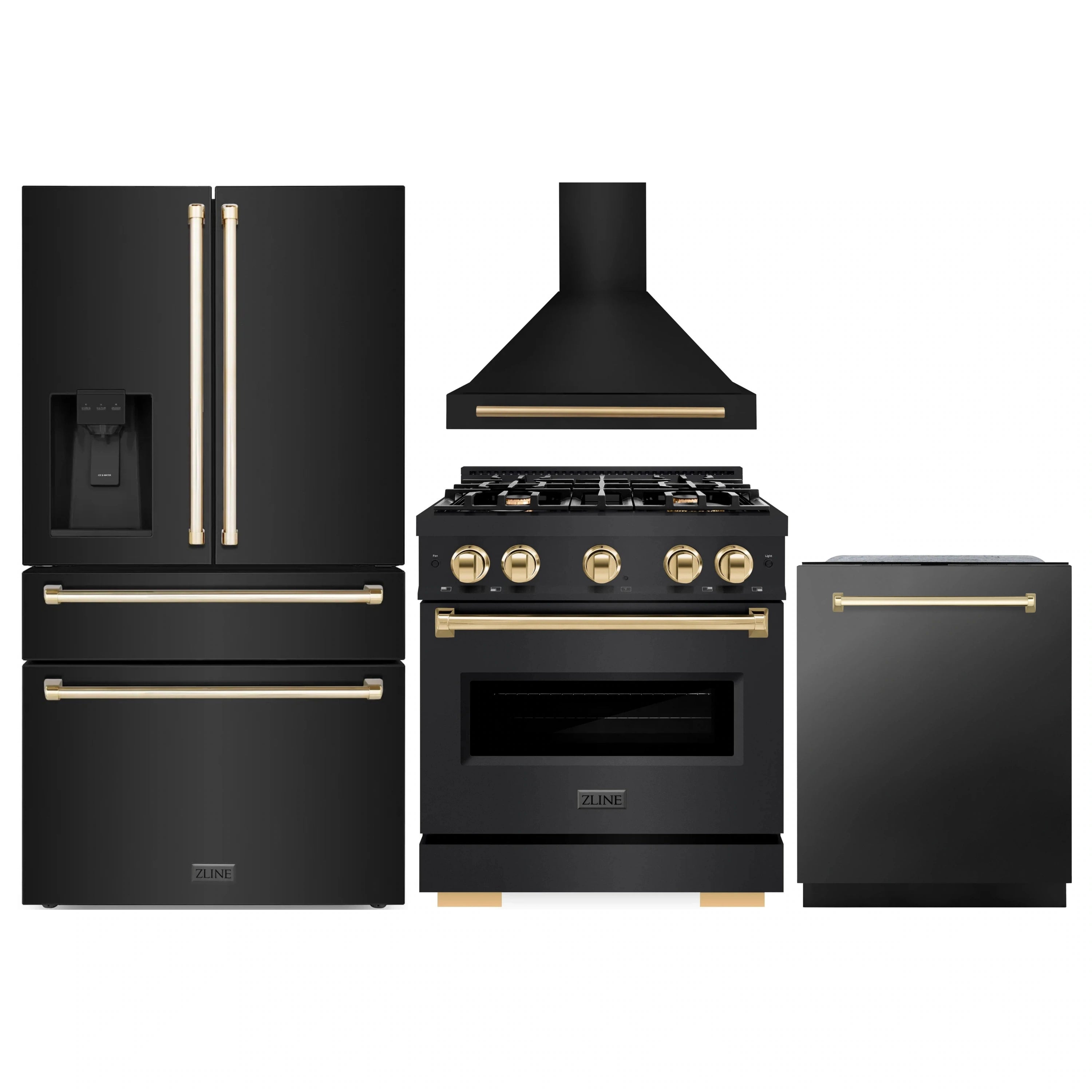ZLINE 4-piece appliance package: black stainless with gold accents, range, hood, fridge, dishwasher