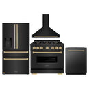 ZLINE 4-Piece Appliance Package - 36-Inch Gas Range, Hood, Refrigerator with Water Dispenser, and Dishwasher in Black Stainless Steel with Champagne Bronze Accents