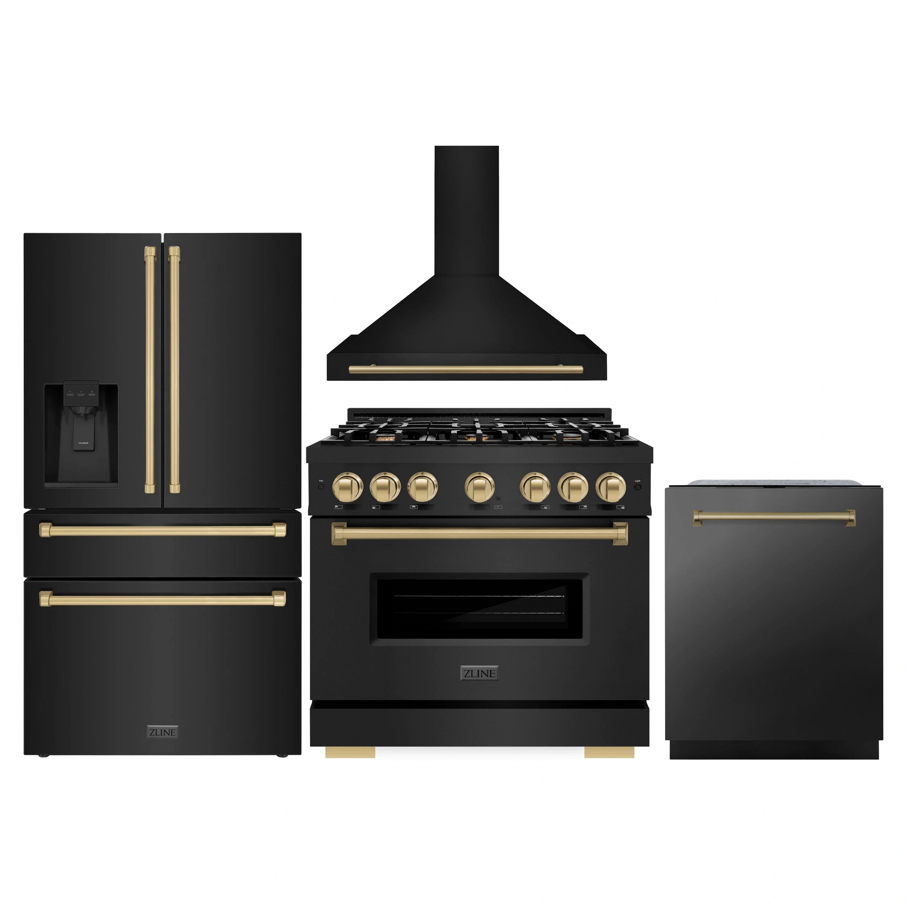 Black stainless appliance package with gold-accent range, hood, refrigerator, and dishwasher