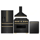 ZLINE 4-Piece Appliance Package - 36-Inch Gas Range, Hood, Refrigerator with Water Dispenser, and Dishwasher in Black Stainless Steel with Champagne Bronze Accents