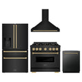 ZLINE 4-Piece Appliance Package - 36-Inch Gas Range, Hood, Refrigerator with Water Dispenser, and Dishwasher in Black Stainless Steel with Champagne Bronze Accents