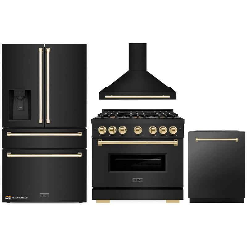 ZLINE 4-Piece Appliance Package - 36-Inch Gas Range, Hood, Refrigerator with Water Dispenser, and Dishwasher in Black Stainless Steel with Gold Accents